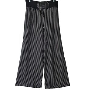 Black Striped Wide Leg Palazzo Pants Corset Lace Up Waist Goth Retro High Rise
